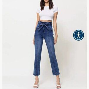 Vervet Plastic Love Stretch Mom Jeans Belted Waistband Seamed Blue Denim Size 25